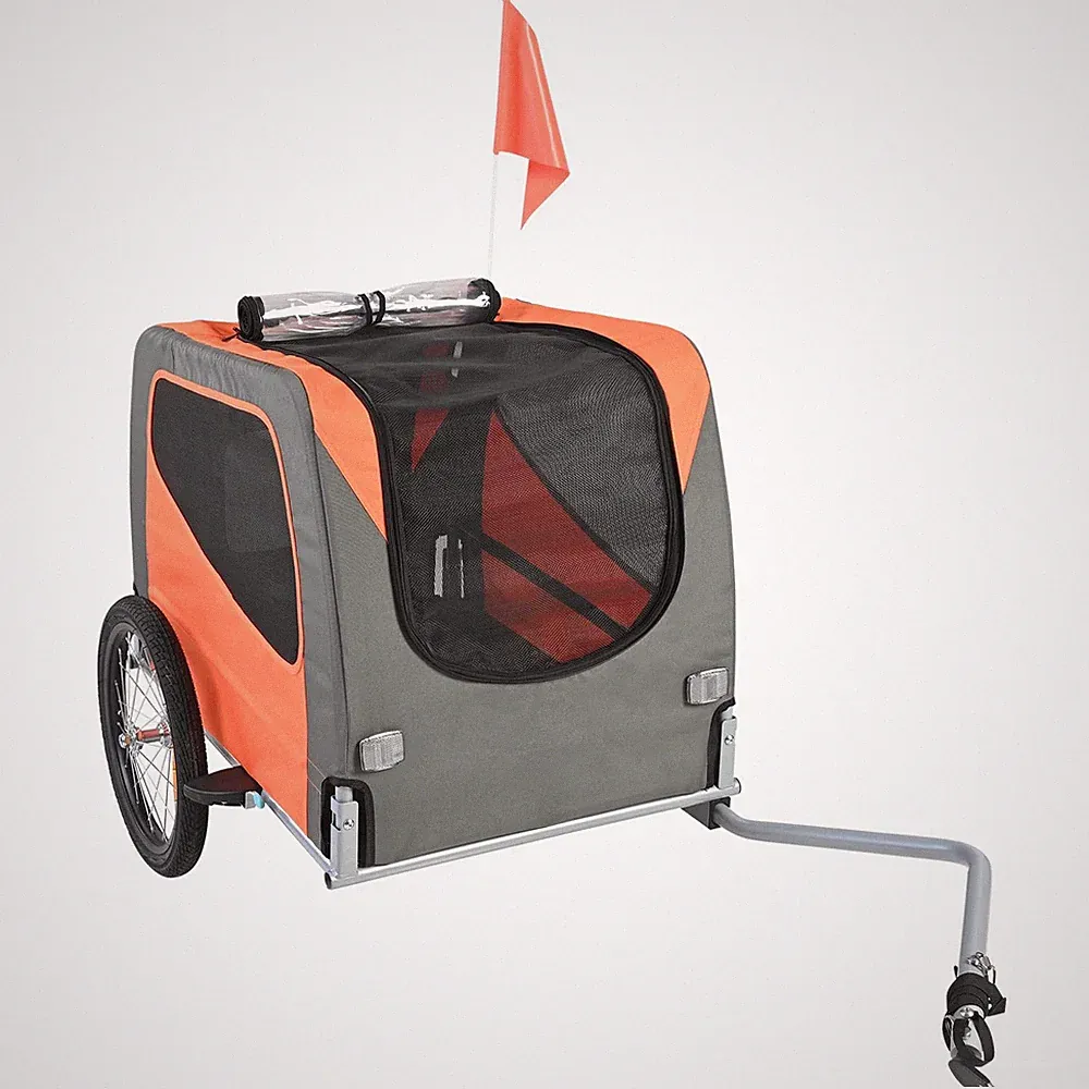 Dog Bike Trailer Folding 66lb Universal Coupler Reflectors Flag Orange Gray
