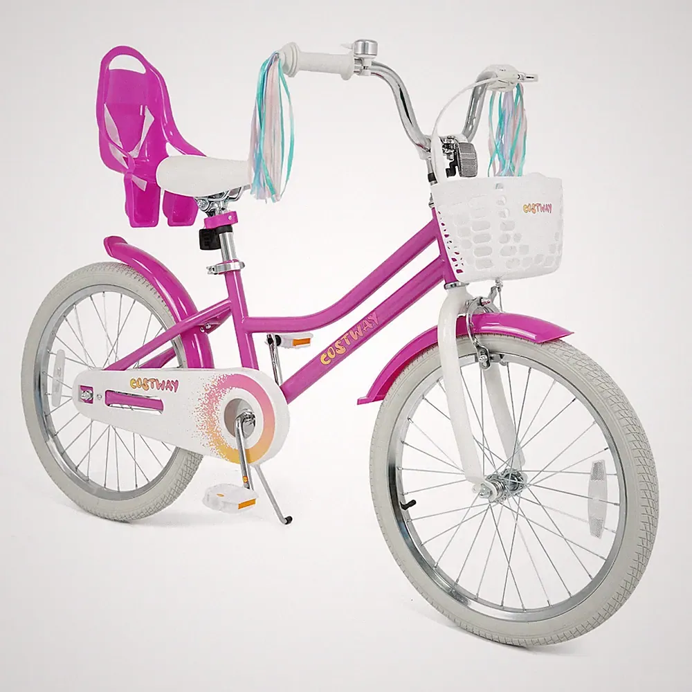 Girls Bike, 20” Kids Bicycle w/Basket, Doll Seat, Colorful Streamers, Reflectors